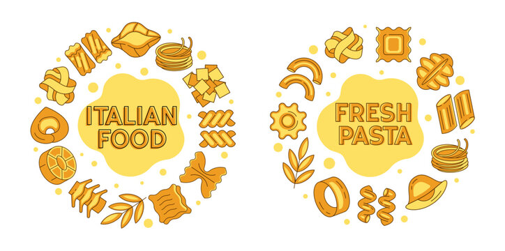 Italian pasta round colored compositions with text, food circle designs, spaghetti