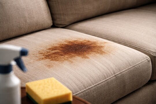 Focused view of a sofa surface with an obvious brown stain spot on the material