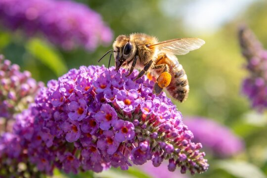 Joyful honeybee foraging pollen on lush Buddleia butterfly bush outdoors