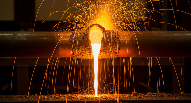 Molten metal pouring from a pipe joint with glowing sparks. Industrial welding process creating a strong bond between steel pipes. Metallurgy concept for heavy industry and construction marketing.
