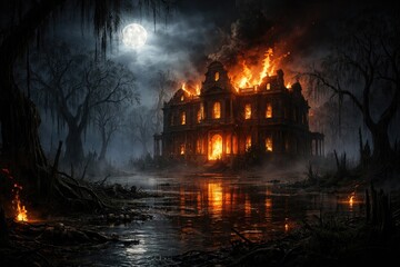 Fototapeta premium Creepy burning mansion in swamp setting with full moon and horror background illustration