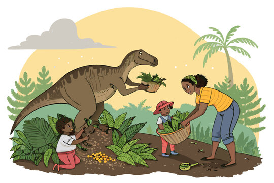 Mother Maiasaura Scene With Children Helping a Mot