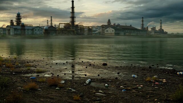 Industrial pollution scene with plastic debris on a riverbank near a smoking factory under a dramatic, dark storm-cloud sky.