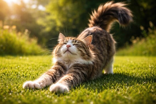 Joyful feline pet showing off a full length yoga stretch on a fresh green lawn in summer