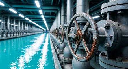 Fototapeta premium Industrial valves and pipelines lined above a water treatment pool. Rusty iron handwheels control flow in a modern processing plant. Infrastructure concept for engineering and utility marketing.