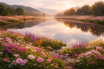 Obraz premium Expansive blooming flower landscape with calm lake reflecting soft light