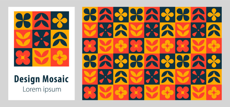 Seamless floral geometric mosaic pattern in colorful European style, abstract ornament background