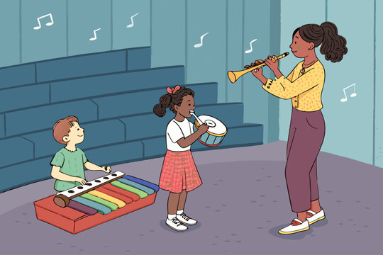 Music Room Scene With Children Playing Recorders a