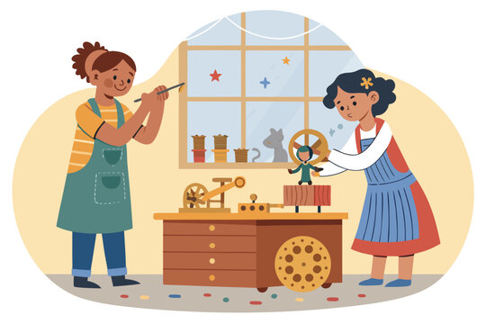 Music Box Workshop Scene With Children Assembling