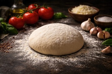 Obraz premium Freshly made pizza dough on dark kitchen surface with flour tomatoes garlic and copy space