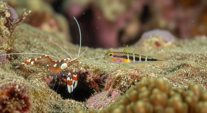 A symbiotic relationship between a colorful shrimp and a striped goby fish on a coral reef.