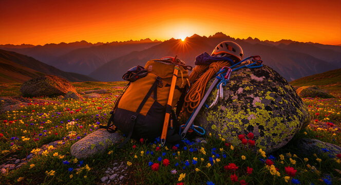 Mountain climbing gear resting in an alpine meadow at sunset. Professional equipment with backpack and rope against a scenic peak backdrop. Adventure concept ideal for outdoor lifestyle marketing.