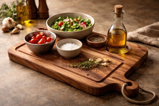 natural wooden cutting board set with mixing bowls and condiment bottle