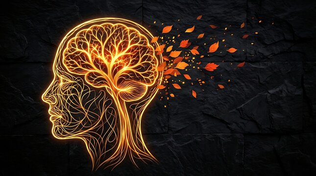 Digital brainscape a vibrant glowing human head silhouette filled with a tree of life and digital particles