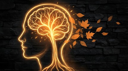 Obraz premium Illuminated mind a conceptual artwork depicting a human head filled with a glowing tree and falling leaves symbolizing growth and thought