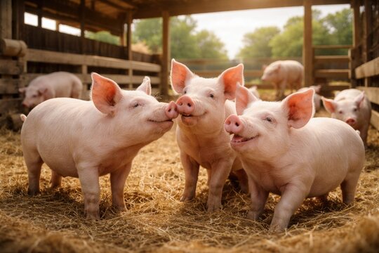 Joyful pigs interacting peacefully within a well-maintained farming enclosure