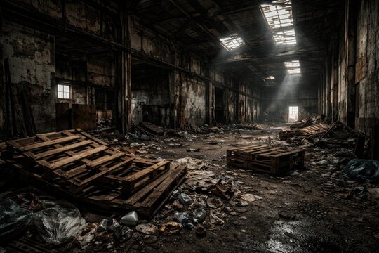 decaying warehouse room with scattered wooden pallets and trash