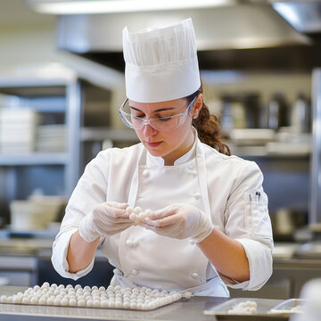 Chef kitchen spherification edible pearls culinary white uniform gloves professional focused modern food preparation creative
