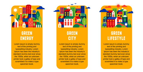 Fototapeta premium Eco infographic with green city, energy and lifestyle concepts in flat geometric style, environmental sustainability templates