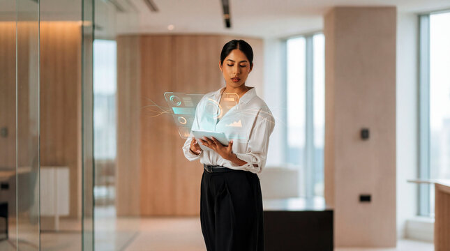 Business woman reviewing digital dashboard on tablet