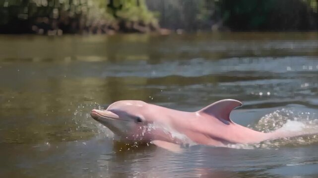 Exhaling pink river dolphin surfacing, breathing, propelling along river, creating wake and spout