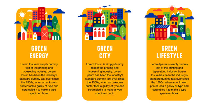 Eco infographic with green city, energy and lifestyle concepts in flat geometric style, environmental sustainability templates