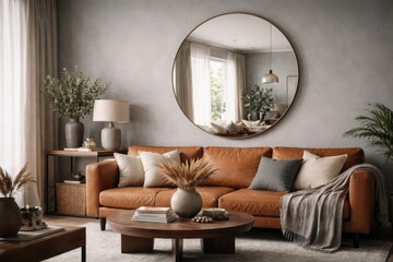 Fototapeta premium Decorated living space highlighting a round mirror on a muted grey wall complemented by a leather brown sofa