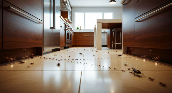 Cockroaches and ants crawling across a modern kitchen floor. Household pests infest clean wooden cabinets and tiling. Pest control and sanitation concept for extermination marketing.