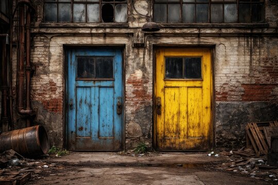 Bright blue and yellow door set against a worn factory wall in a neglected urban district