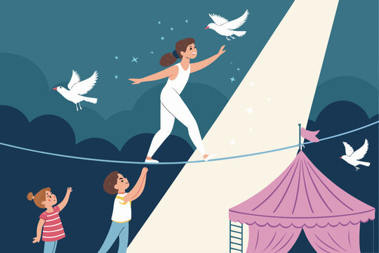 Tightrope Walker Scene With Children Balancing on