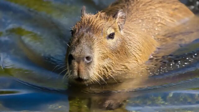 Swimming capybara approaching camera at pond, disturbing water, ripples, green reflection, forepaw