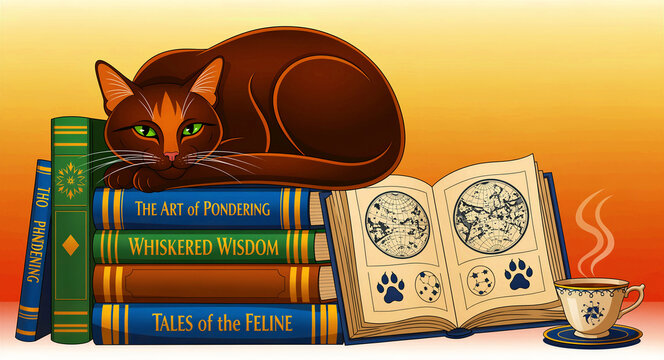 Brown cat resting on a stack of books with a steaming cup of tea. Detailed illustration featuring an open celestial map and paw print constellations. Whimsical concept for library and book themes.