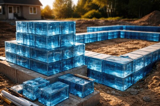 Construction materials featuring blue glass blocks for home foundations