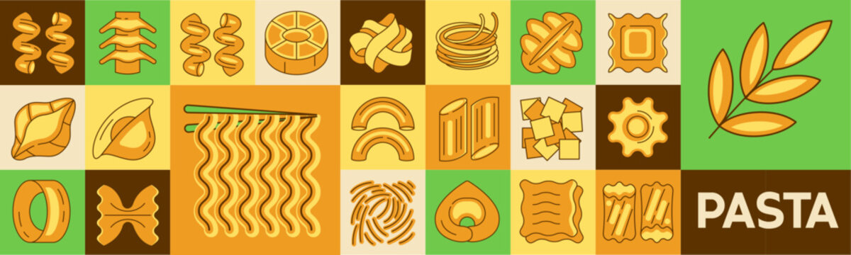 Italian pasta mosaic seamless pattern, banner with colorful food ornament, spaghetti,