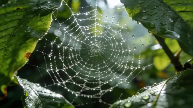 Shimmering orb spider web catching shifting sun between green leaves after rain, droplets sparkling