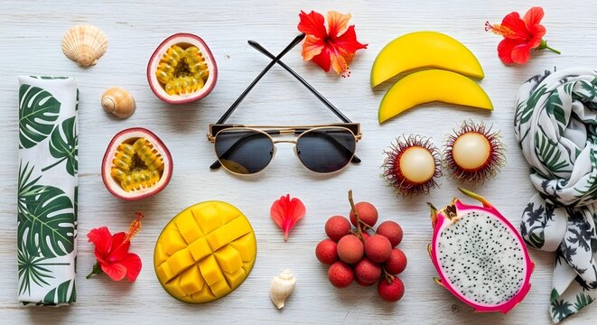 Tropical summer flatlay fruits sunglasses and vibrant floral accents