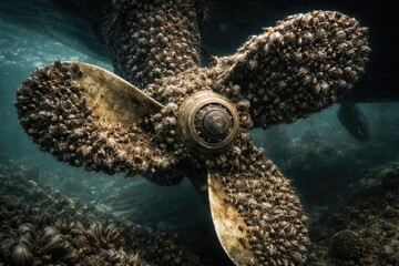 Naklejka premium Invasive zebra mussels densely attached to rotating yacht propeller blades