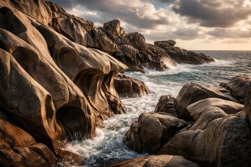 Fototapeta premium Dramatic granite rock structures shaped by sea erosion along the shore