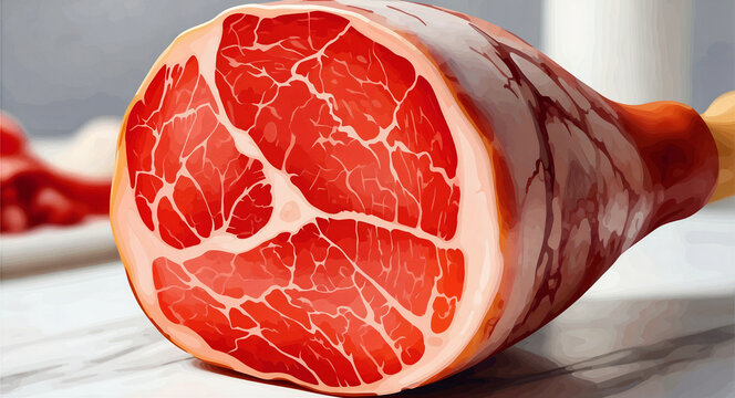 Large raw leg of meat with marbling shown in cross-section. Fresh piece of pork or beef ham on a table. Food illustration for butcher shop branding and culinary marketing.