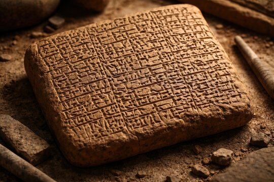 Clay tablet covered in early cuneiform writing illustrating a key artifact from antiquity