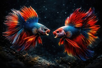 Fototapeta premium Brightly colored fish in combat pose against a deep dark backdrop
