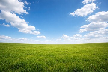 Obraz premium Open green grassy field set against a bright blue sky featuring white clouds and copy space for text