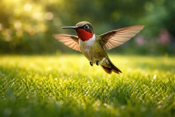 Obraz premium Happy pet hummingbird hovering above fresh green grassy lawn on a warm summer day with full length view