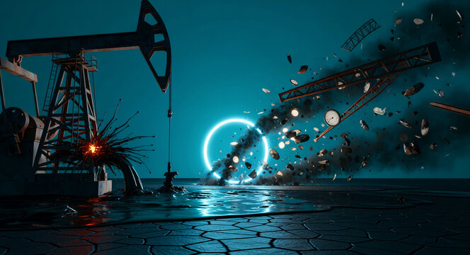Oil pump jack stands in a dark landscape next to a glowing portal. Shards of metal and floating clocks explode into the air amidst black smoke. Conceptual art for climate change and energy crisis.