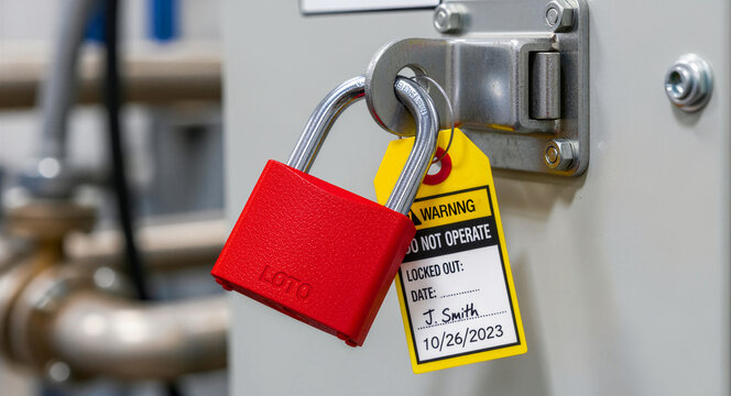 Red padlock and yellow tag on industrial equipment. Lockout-tagout (LOTO) procedure for maintenance safety. Workplace safety concept ideal for occupational health training.