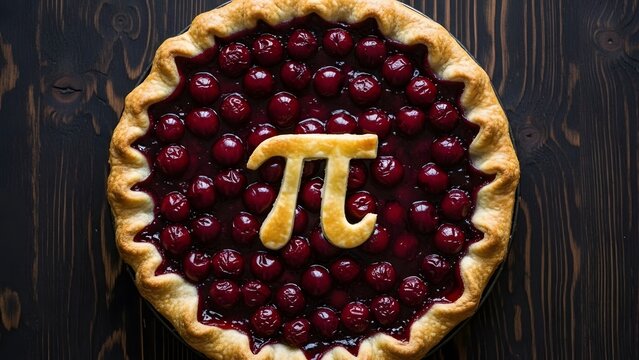 Fresh cherry pie with a pastry pi symbol. Mathematics and culinary celebration. Gourmet fruit tart with golden crust served on a dark wooden table for Pi Day festivities.