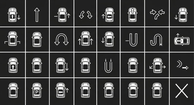 Collection of car parking and driving maneuver icons from a top down view.