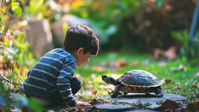 Tracking shot of young boy leaning toward turtle walking along backyard garden stone path in afternoon sunlight