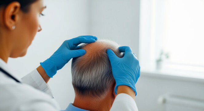 Female doctor examining senior man's scalp for hair loss treatment. Professional dermatologist checking a patient's balding head. Alopecia diagnosis and hair restoration clinic concept.