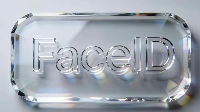 Shifting glass plaque showing prism light crossing embossed FaceID on table, casting caustic shadow